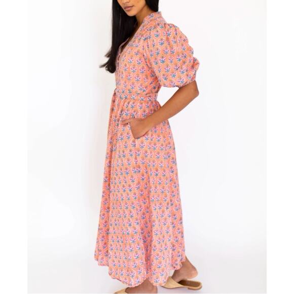 Marea Colette Coral Multi Floral Short Puff Sleeves Cottagecore Midi Dress Large - Picture 2 of 12